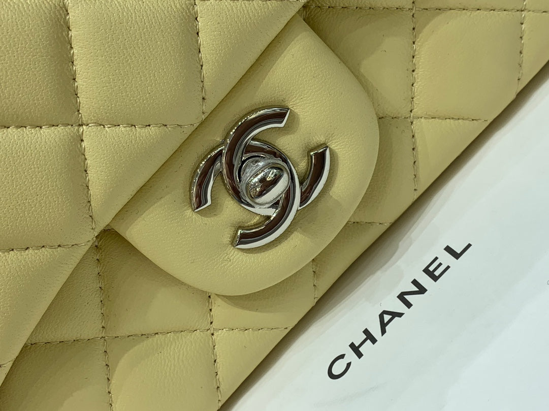 CHANEL MINI SQUARE FLAP BAG 17CM YELLOW LAMBSKIN SILVER HARDWARE