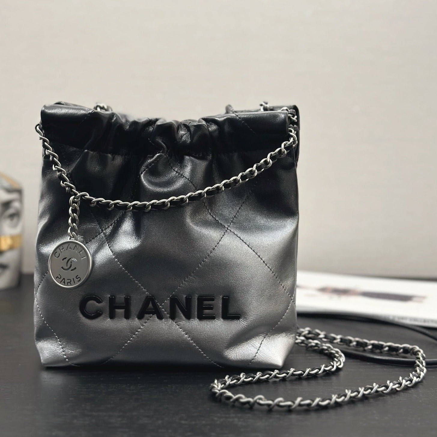 CHANEL HOBO MINI 20CM BLACK GREY LAMBSKIN SILVER HARDWARE