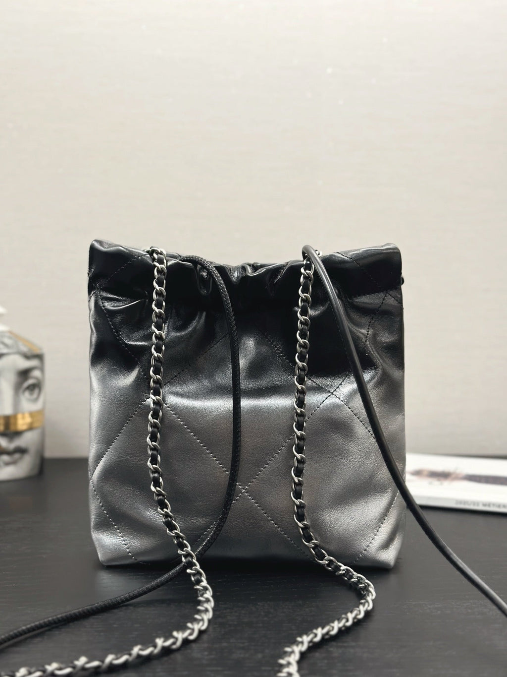 CHANEL HOBO MINI 20CM BLACK GREY LAMBSKIN SILVER HARDWARE