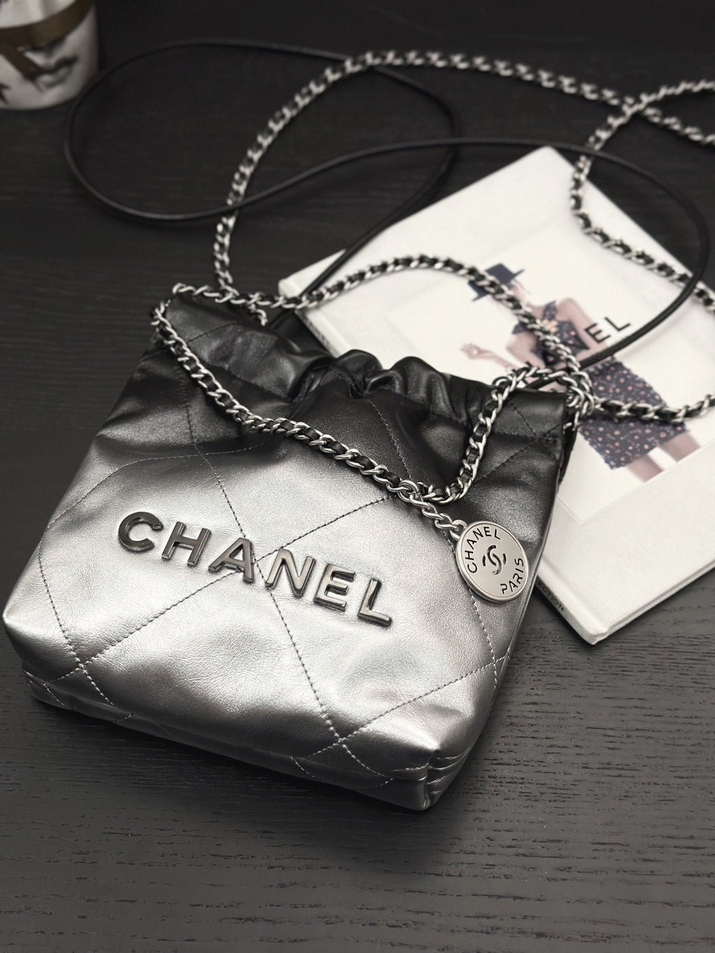 CHANEL HOBO MINI 20CM BLACK GREY LAMBSKIN SILVER HARDWARE