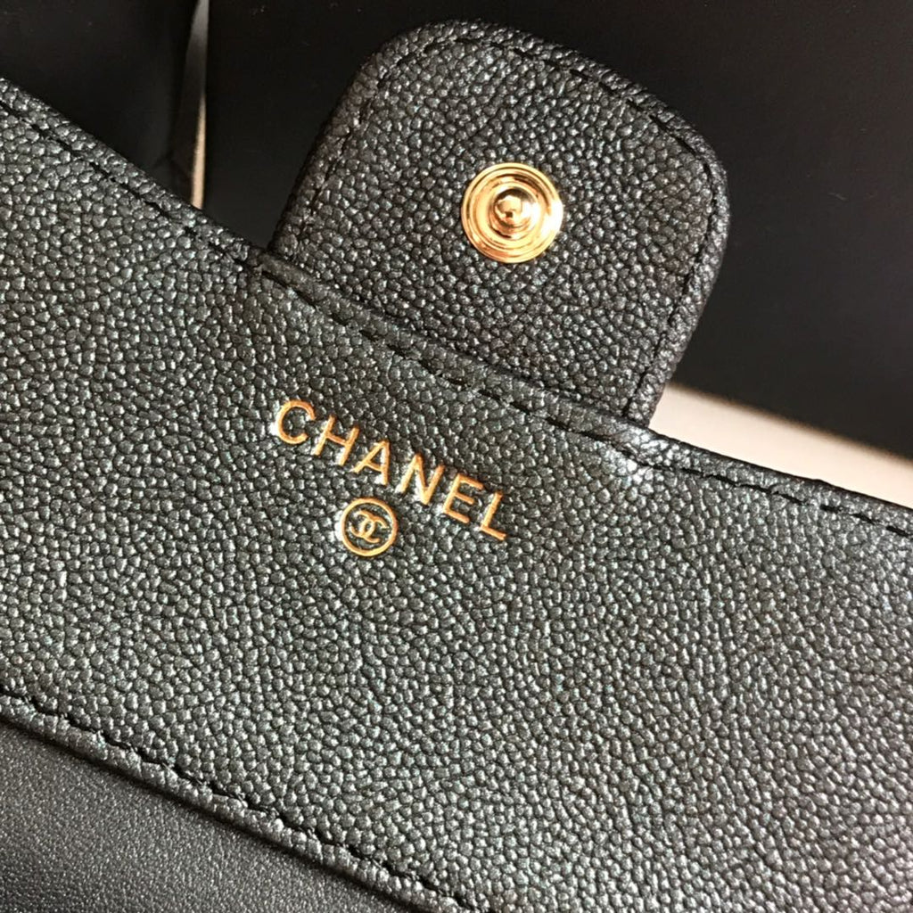 CHANEL FLAP CARD HOLDER 11.5 BLACK GRAINED CALFSKIN WITH GOLD ICON