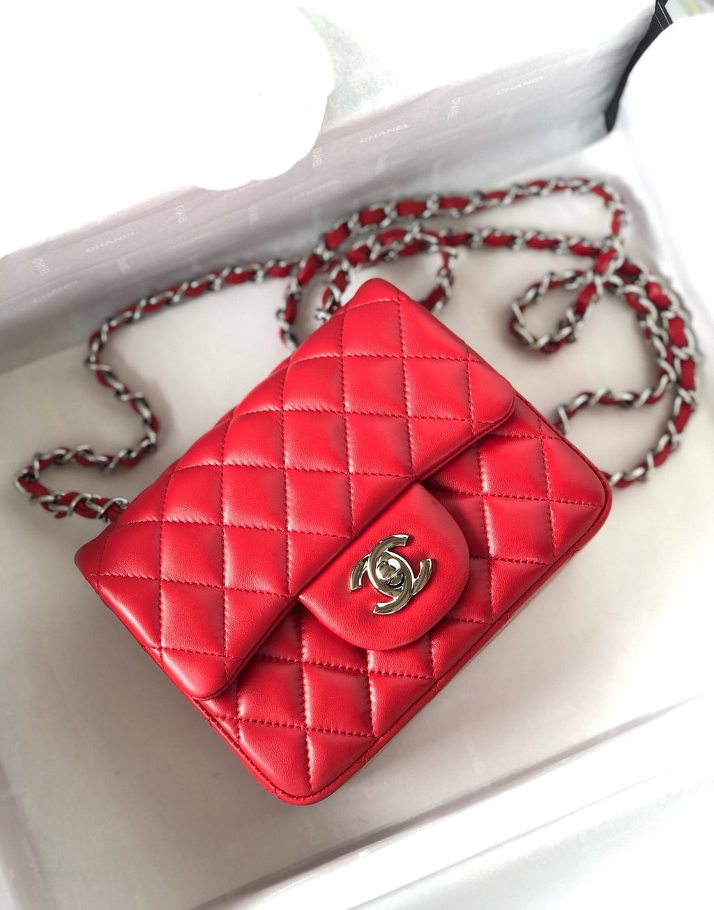 CHANEL MINI SQUARE FLAP BAG 17CM RED LAMBSKIN SILVER HARDWARE
