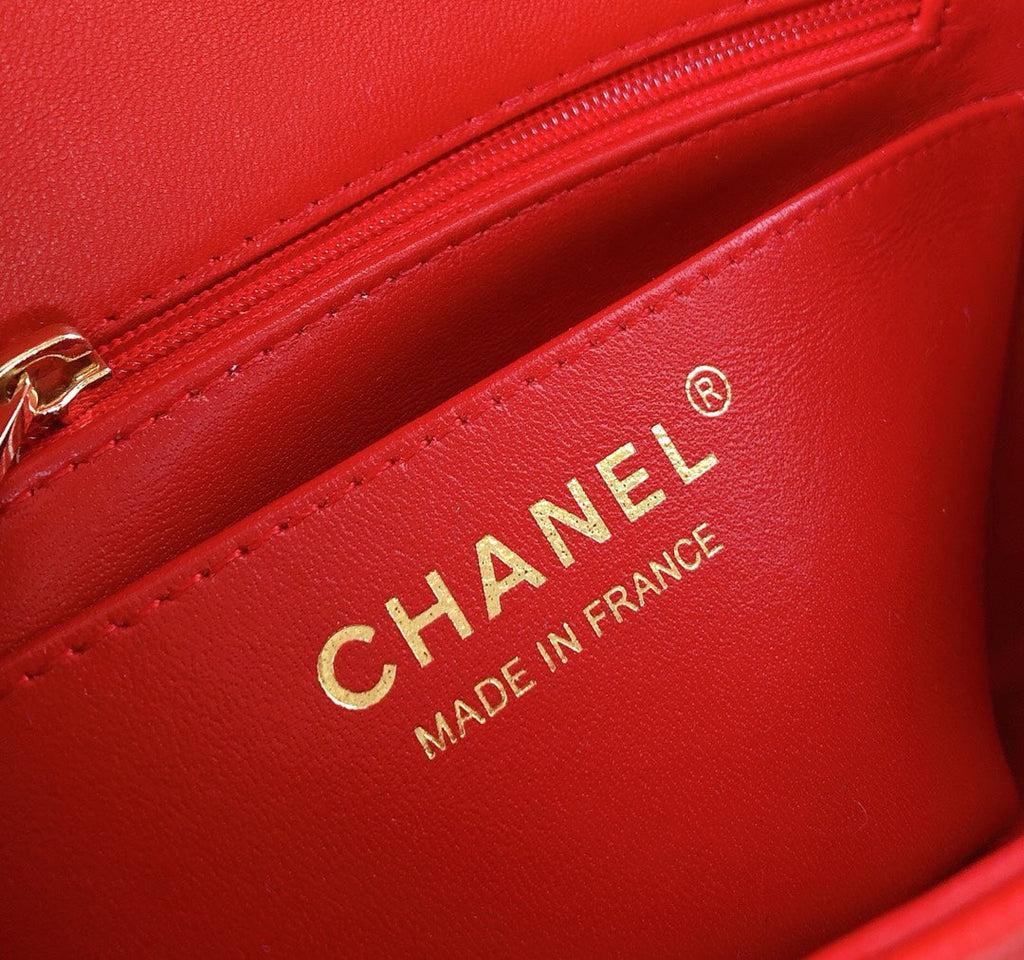 CHANEL MINI SQUARE FLAP BAG 17CM RED LAMBSKIN GOLD HARDWARE