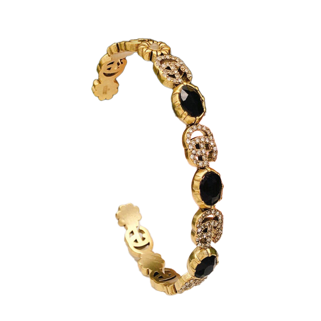 18K Double Gucci Flowers Black Crystals Open Cuff Bracelet