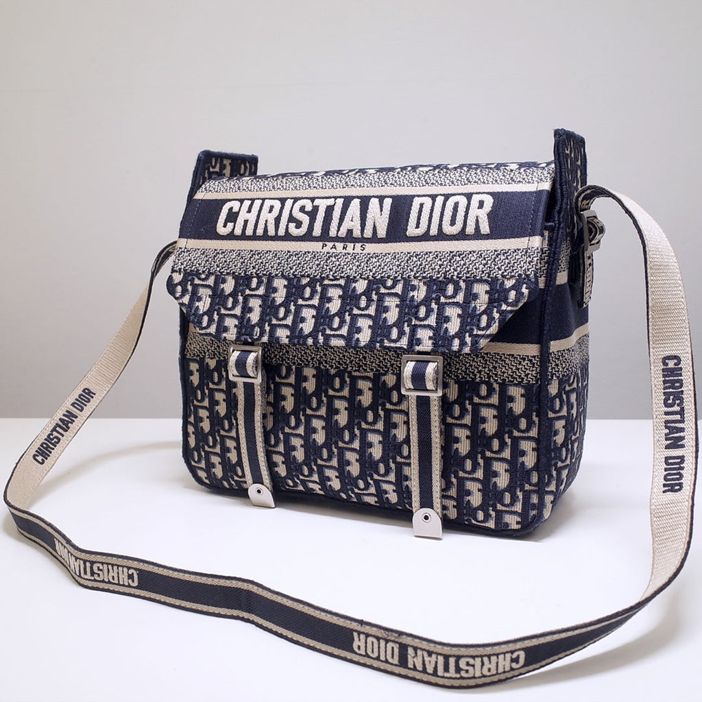 DIOR CAMP DOUBLE BUCKLE BAG 28 IN NAVY BLUE MONOGRAM OBLIQUE JACQUARD