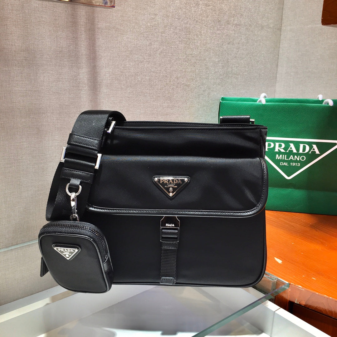 PRADA TRIANGLE LOGO CROSSBODY BAG 25 IN BLACK RE-NYLON AND SAFFIANO LEATHER TRIM
