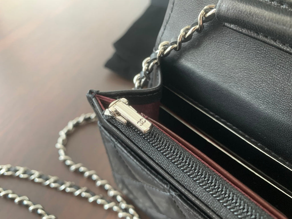 CHANEL MINI 19 CLASSIC WALLET WITH STRAP IN BLACK LAMBSKIN WITH SILVER HARDWARE