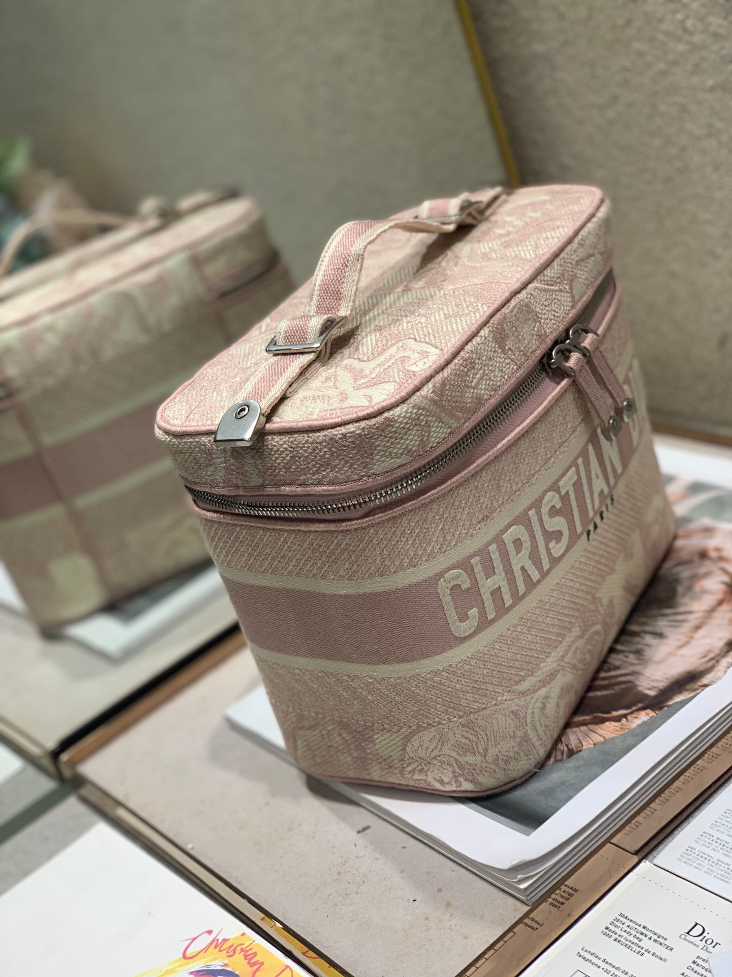 DIOR CROSSBODY MINI 18 VANITY CASE IN PEACH PINK MONOGRAM OBLIQUE JACQUARD