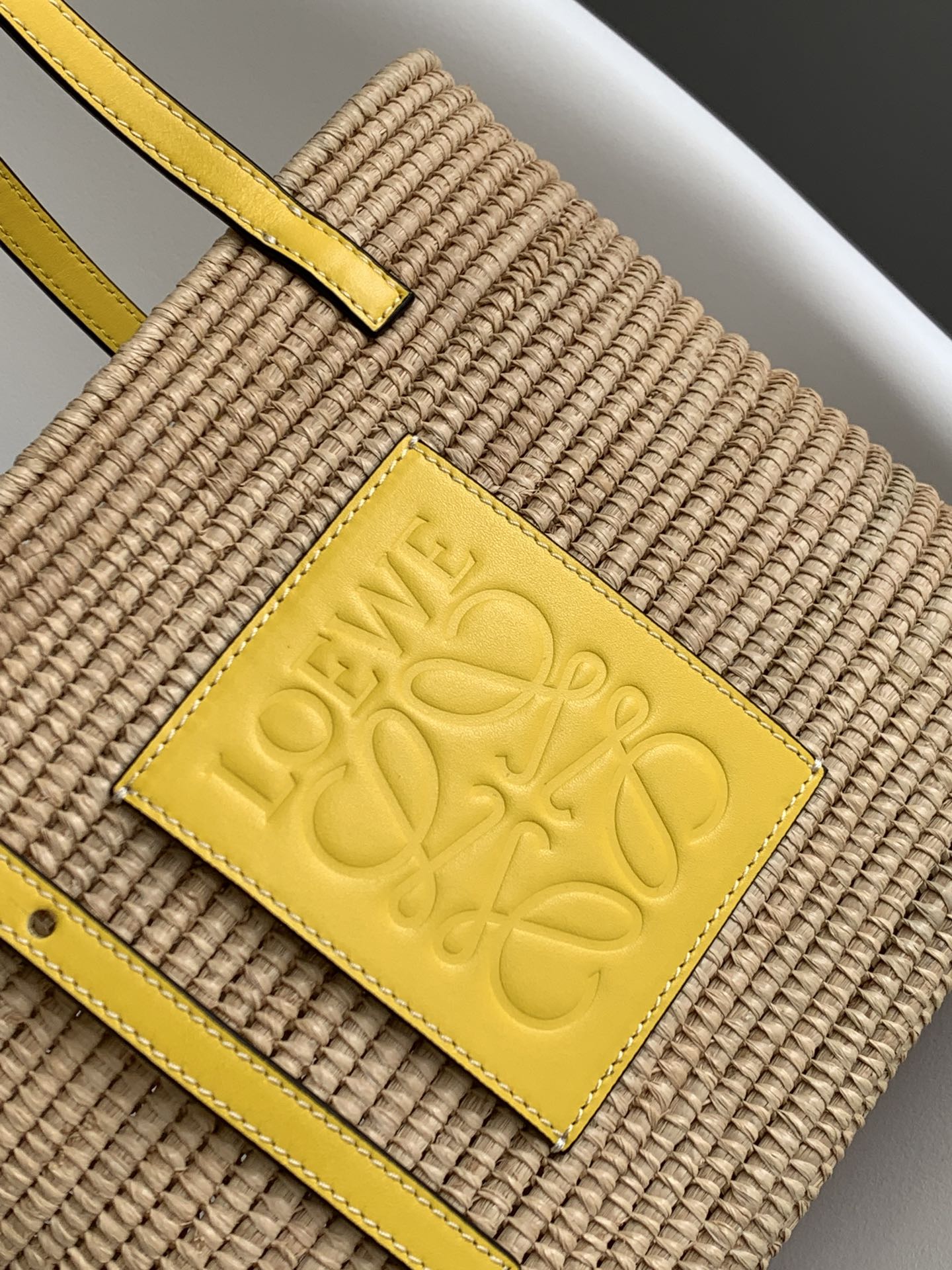 LOEWE 25S BASKET BAG 30 IN NATURAL MIX YELLOW RAFFIA CALFSKIN SHOULDER STRAP