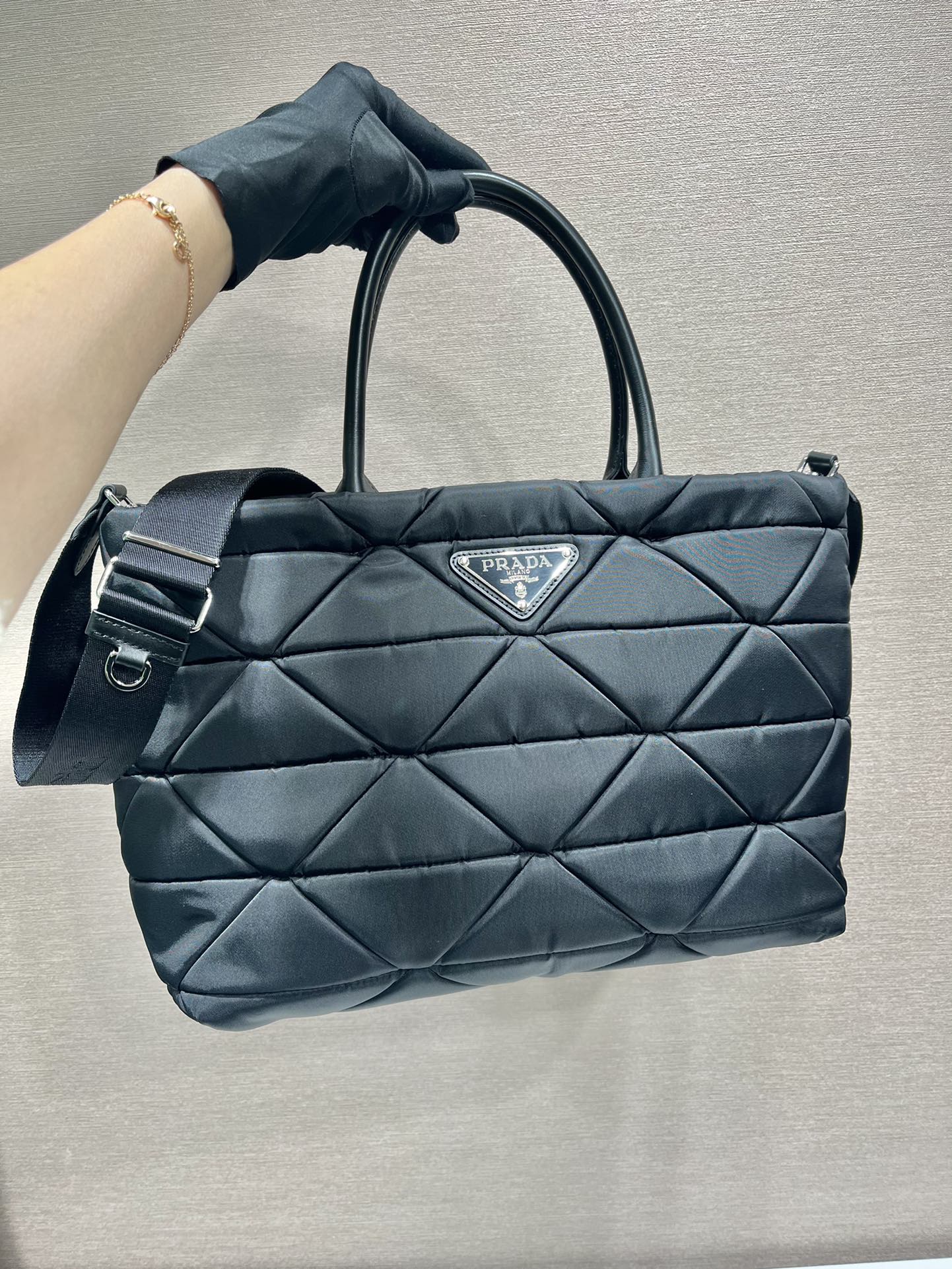 PRADA TRIANGLE PATTERN TOTE BAG 33 IN BLACK QUILTED RE-NYLON