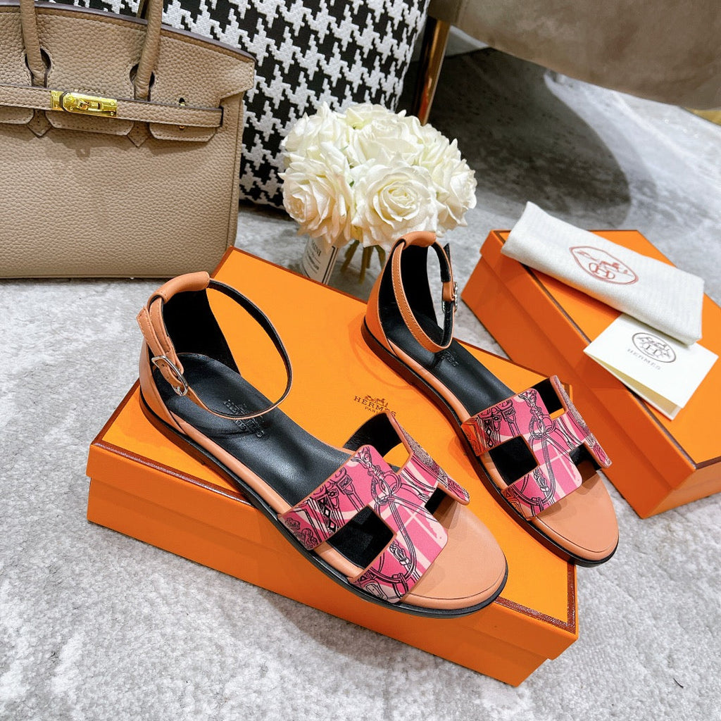 HERMES SANTORINI SANDAL BLACK MIX LIGHT PINK CALFSKIN WITH PATTERN