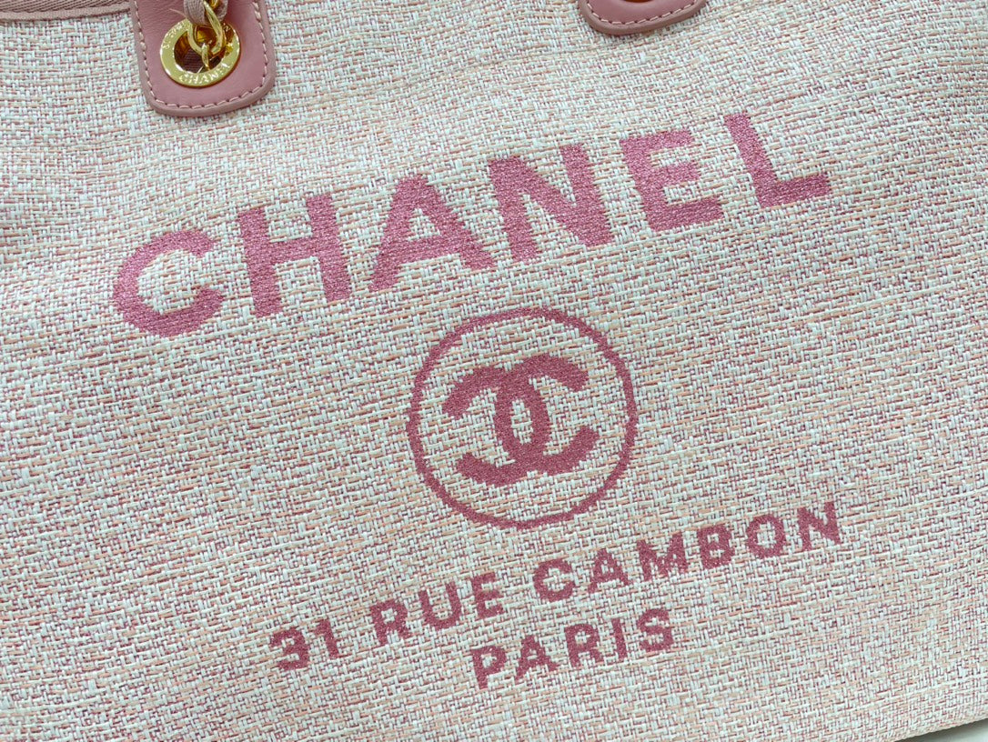 CHANEL DEAUVILLE LARGE 38 TOTE BAG IN LIGHT PINK CANVAS GOLD HARDWARE