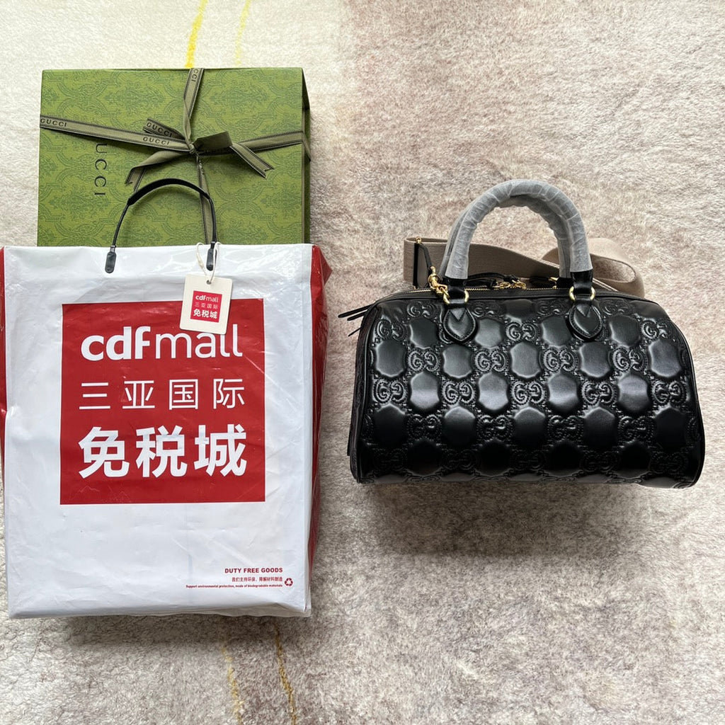 GUCCI MATELASSÉ TOP HANDLE BAG 31 IN BLACK EMBOSSED CALFSKIN GOLD HARDWARE