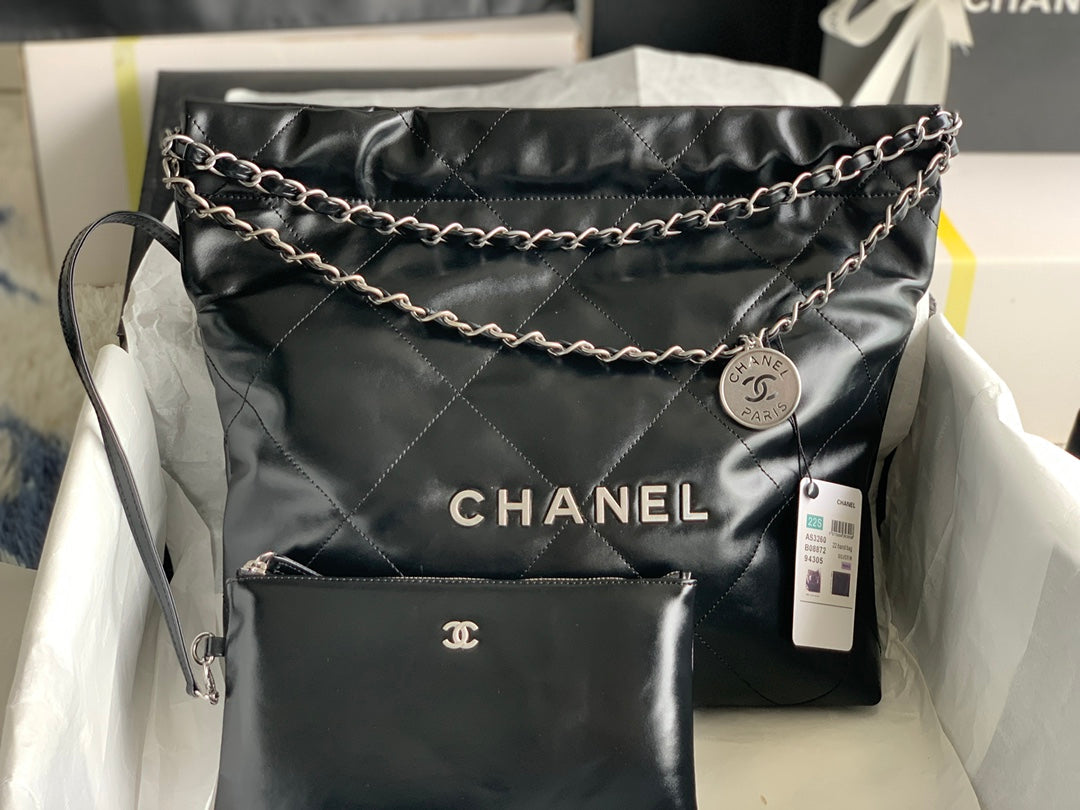CHANEL MEDIUM 37 HANDBAG IN BLACK SHINY CALFSKIN SILVER HARDWARE