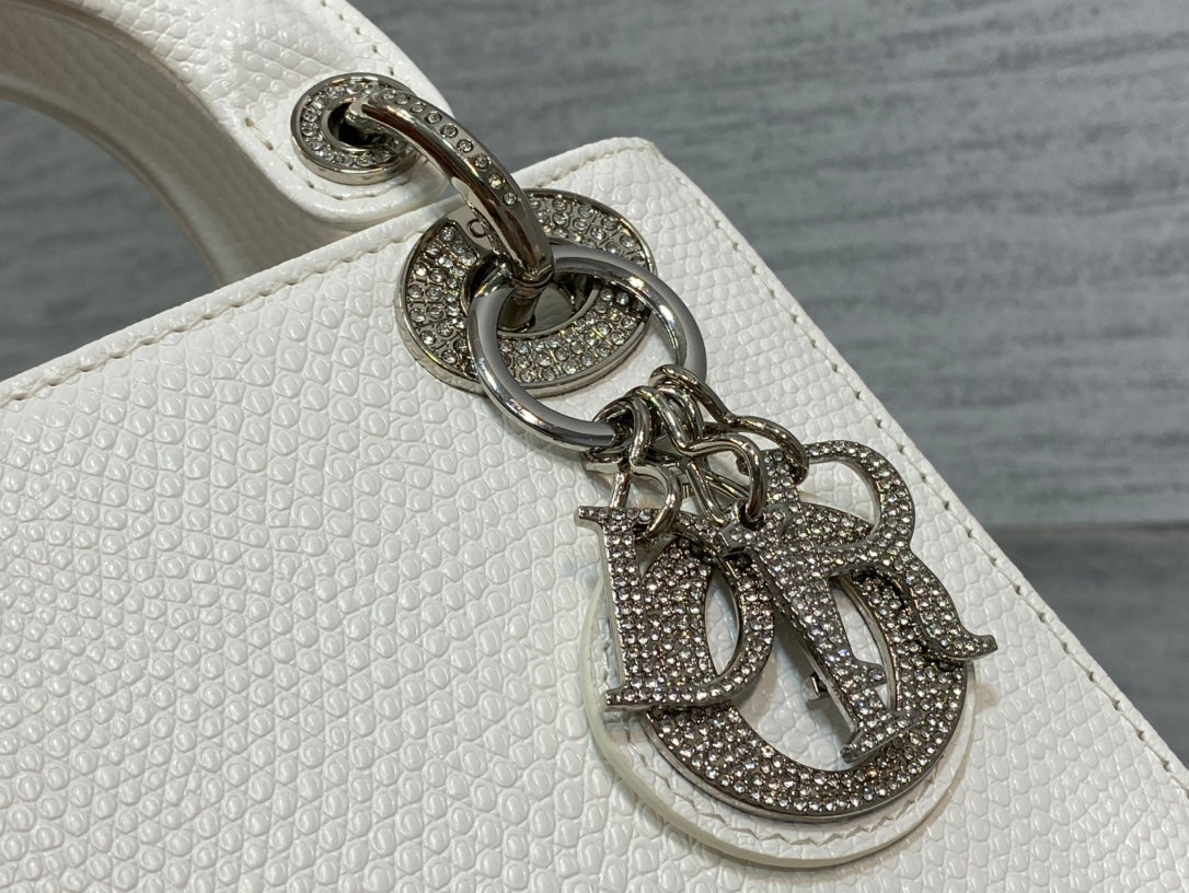 DIOR MINI LADY 17 BAG IN WHITE EMBOSSED LAMBSKIN WITH SILVER CLASP