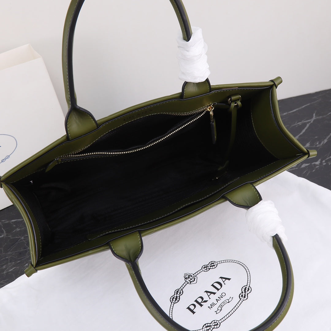 PRADA LARGE 39 TOTE IN OLIVE GREEN CALFSKIN GOLD HARDWARE