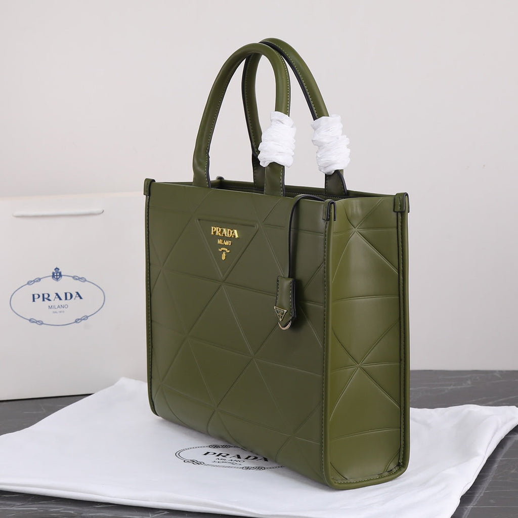 PRADA LARGE 39 TOTE IN OLIVE GREEN CALFSKIN GOLD HARDWARE