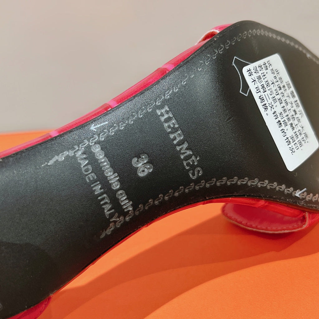 HERMES PREMIERE 70 SANDAL IN WATERMELON PINK CROCODILE LEATHER