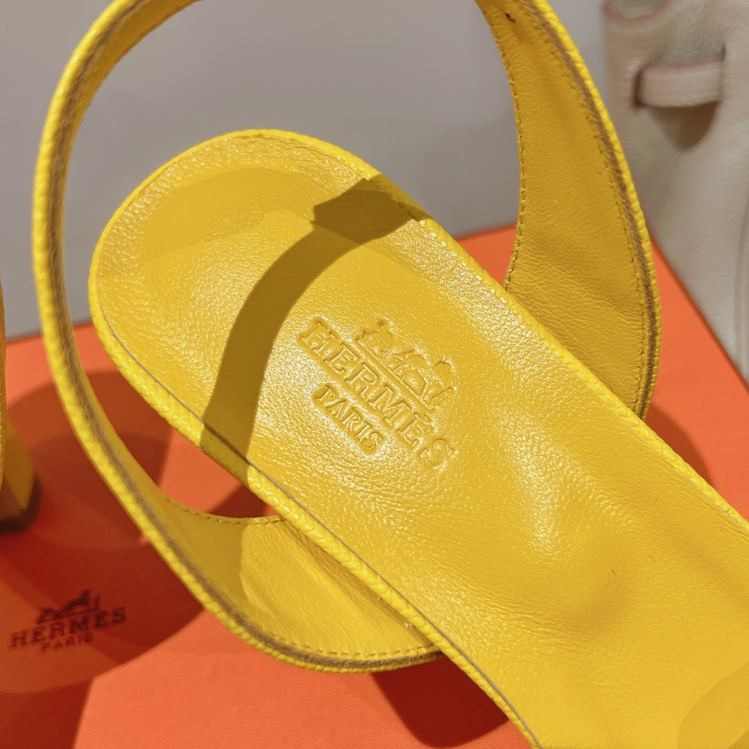 HERMES HOLY 75 SANDAL IN BRIGHT YELLOW GRAINED CALFSKIN