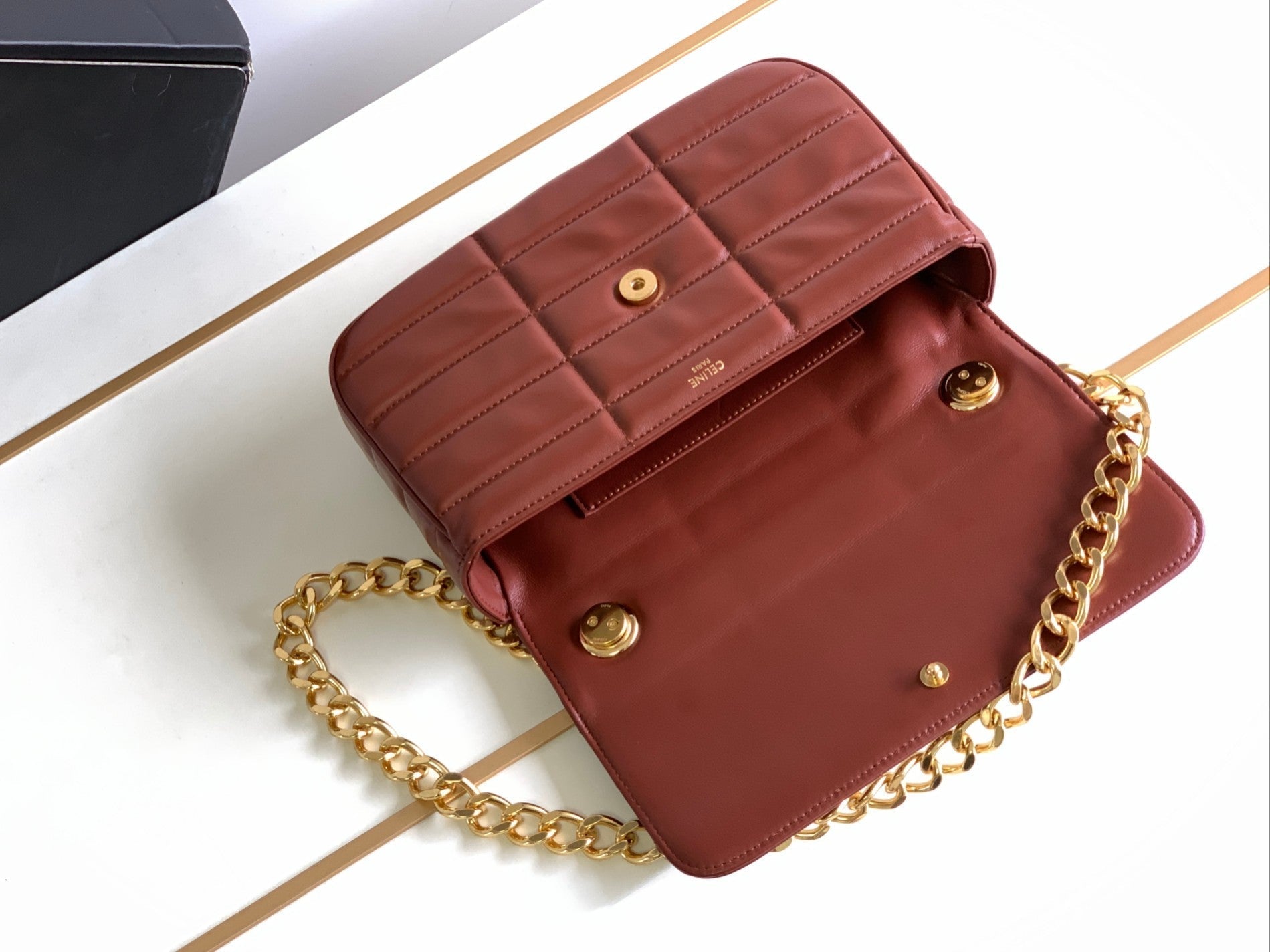 CELINE MONOCHROME 24 QUILTED CHERRY RED LAMBSKIN CHAIN SHOUDER BAG