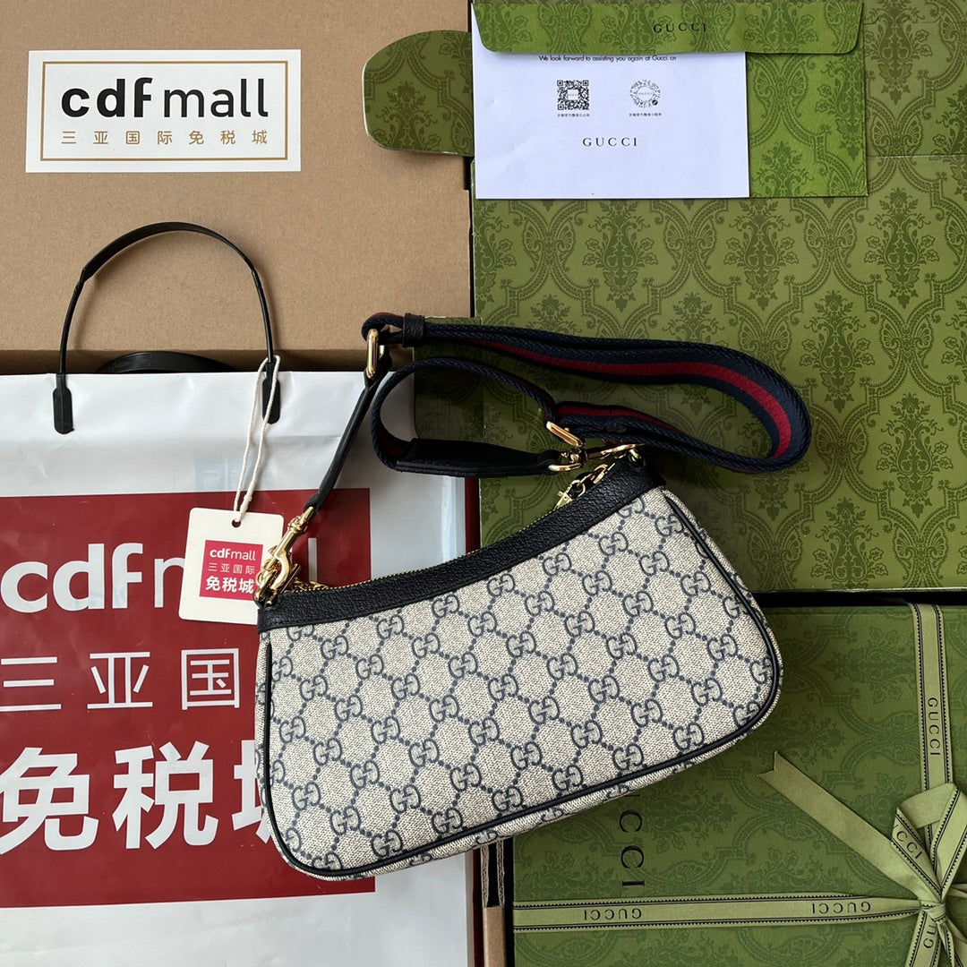 GUCCI OPHIDIA SMALL SHOULDER BAG 25 IN BEIGE CANVAS AND BLACK LAMBSKIN GOLD HARDWARE