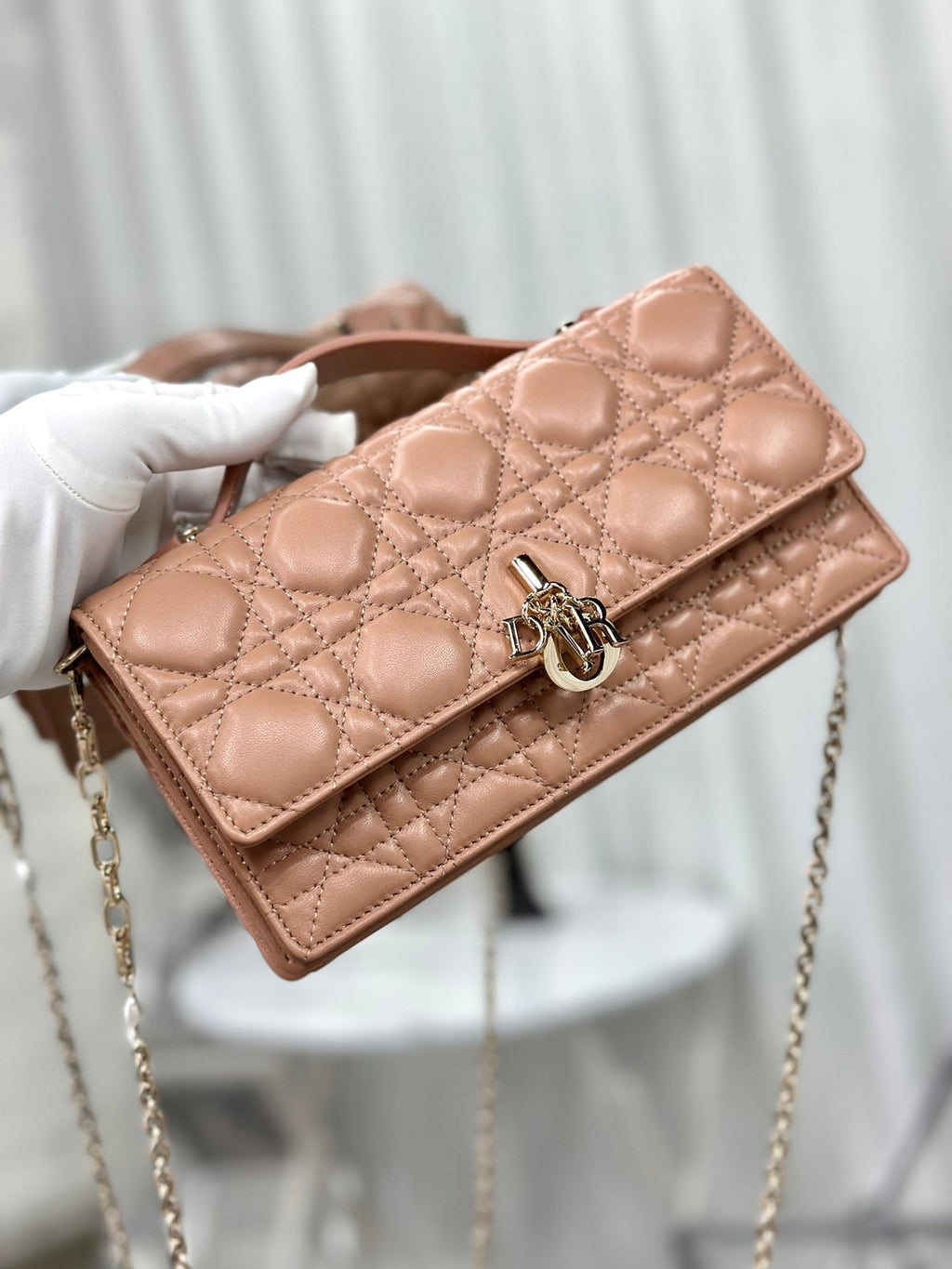 DIOR LADY CHAIN BAG 21 IN ALMOND BEIGE LAMBSKIN