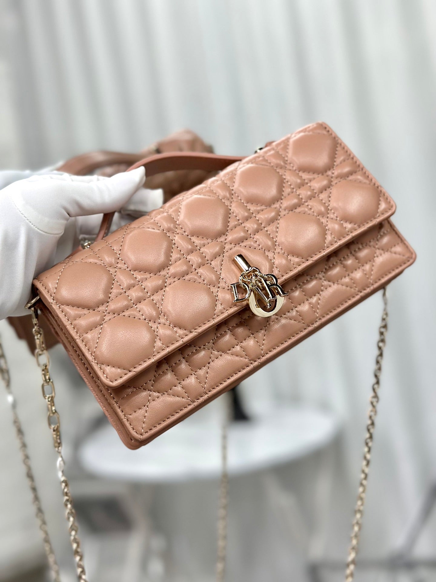 DIOR LADY CHAIN BAG 21 IN ALMOND BEIGE LAMBSKIN
