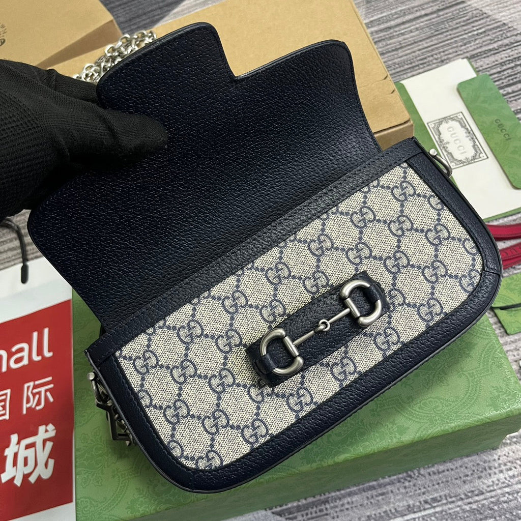 GUCCI HORSEBIT 1955 BAG 24 IN BEIGE CANVAS AND BLACK CALFSKIN