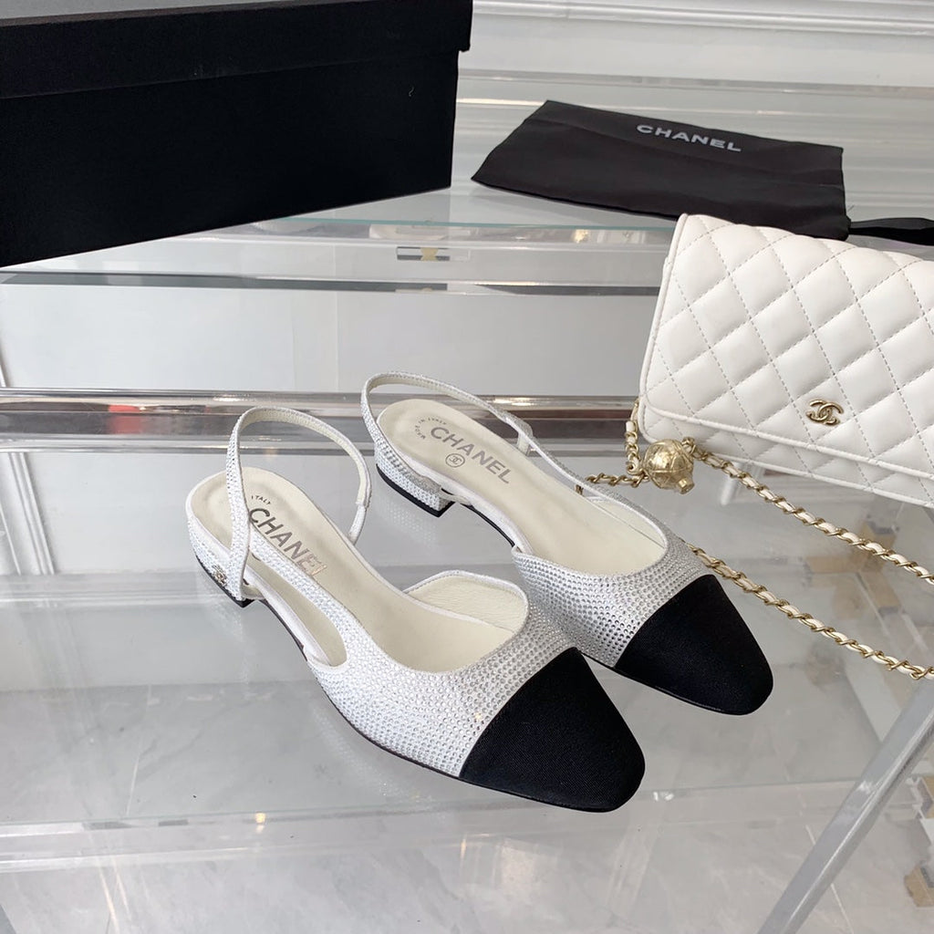 CHANEL Double  Rhinestone Slingback Sheepskin White Black