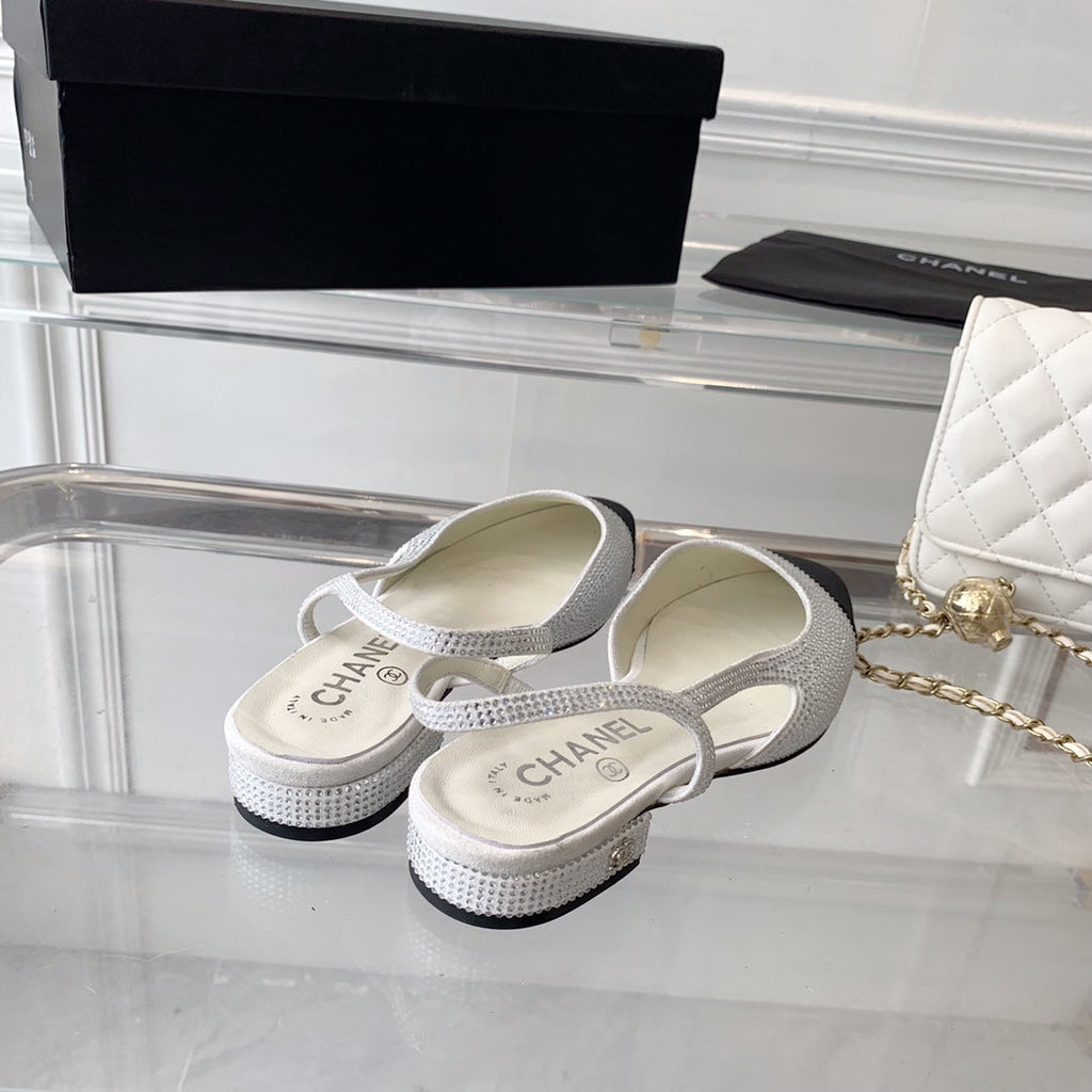 CHANEL Double  Rhinestone Slingback Sheepskin White Black