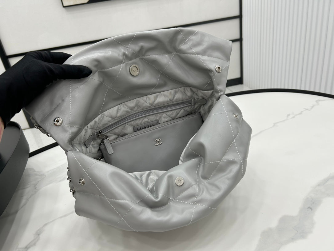 CHANEL MEDIUM 37 HANDBAG IN GREY CALFSKIN SILVER HARDWARE
