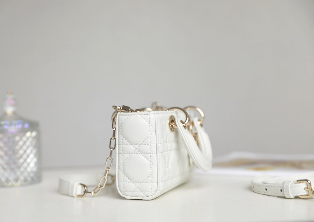 DIOR LADY D-JOY MICRO 16 IN WHITE LAMBSKIN