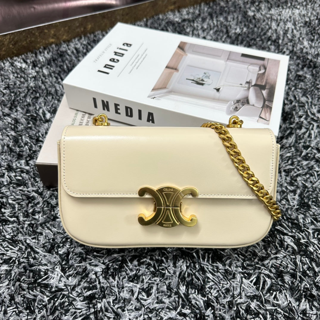 CELINE TRIPHOME 20 WHITE COWHIDE LEATHER CHAIN STRAP BAG