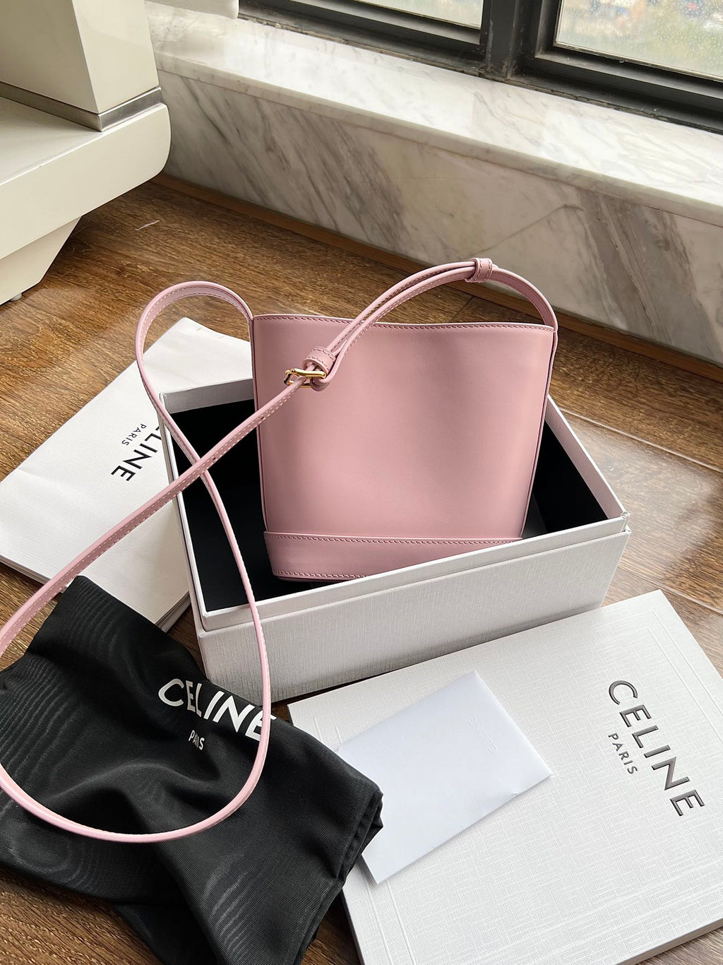 CELINE CUIR TRIPHOME 19 PINK PASTEL SMOOTH CALFSKIN BUCKET BAG