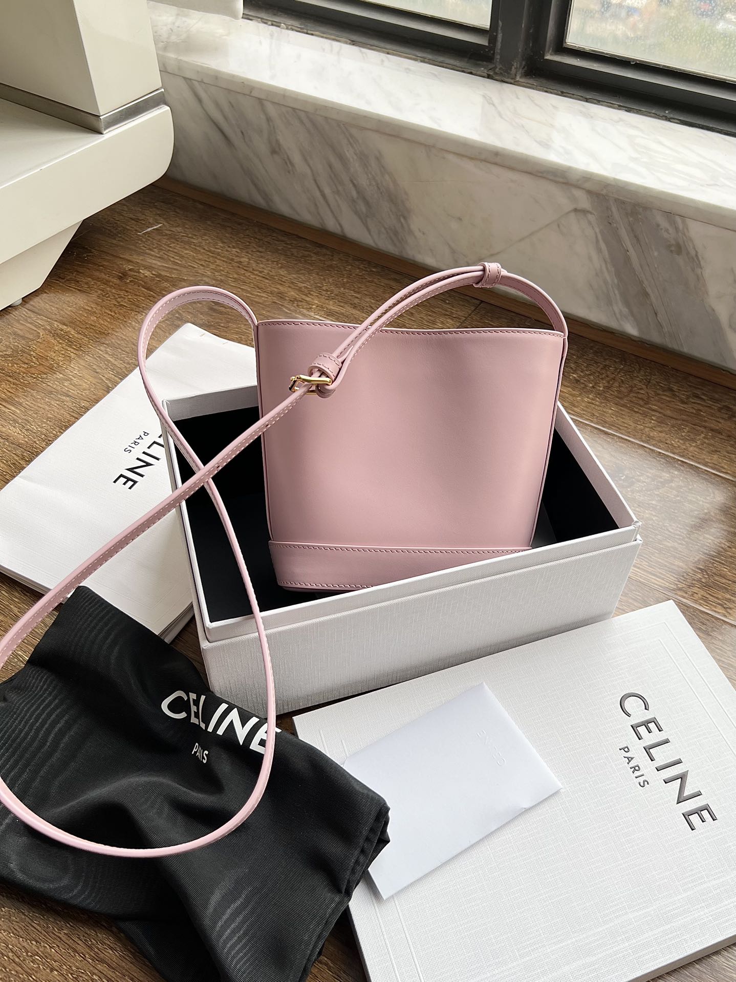 CELINE CUIR TRIPHOME 19 PINK PASTEL SMOOTH CALFSKIN BUCKET BAG