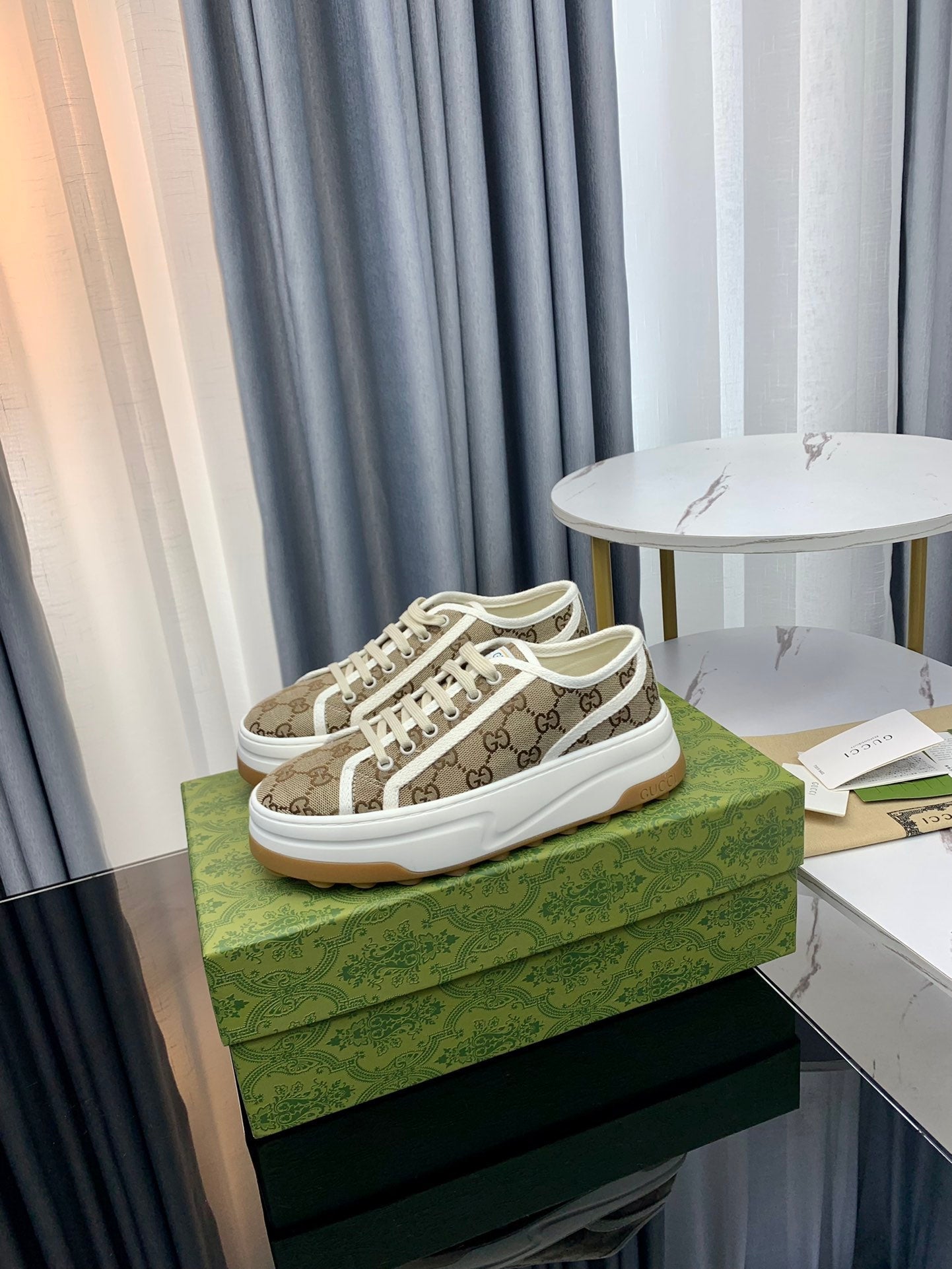 GUCCI SNEAKER FLATFORM LIGHT BROWN CANVAS