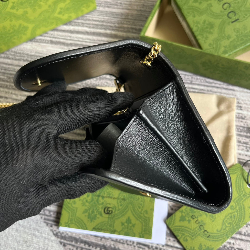 GUCCI BLONDIE INTERLOCK MINI SHOULDER BAG 12 IN BLACK CALFSKIN GOLD CHAIN