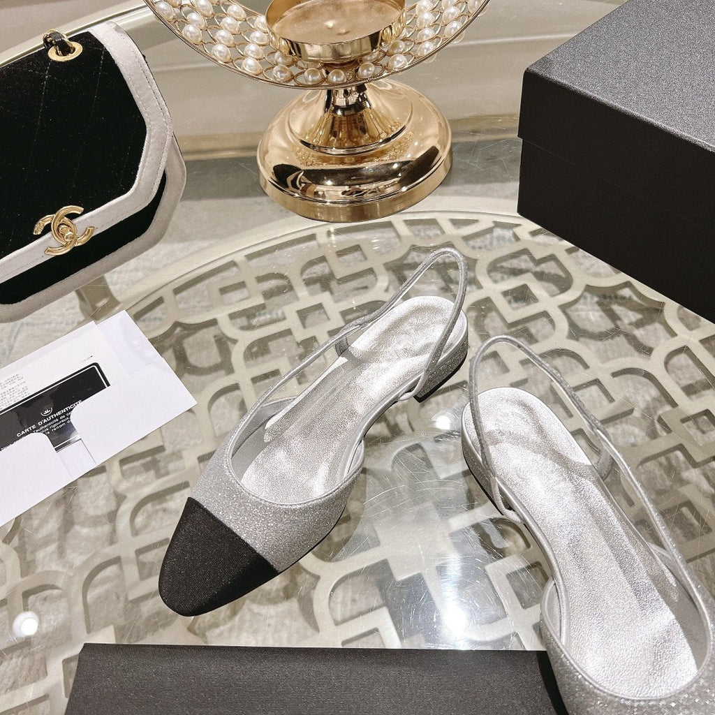 CHANEL slingback 2.5 glitter silver black grosgrain