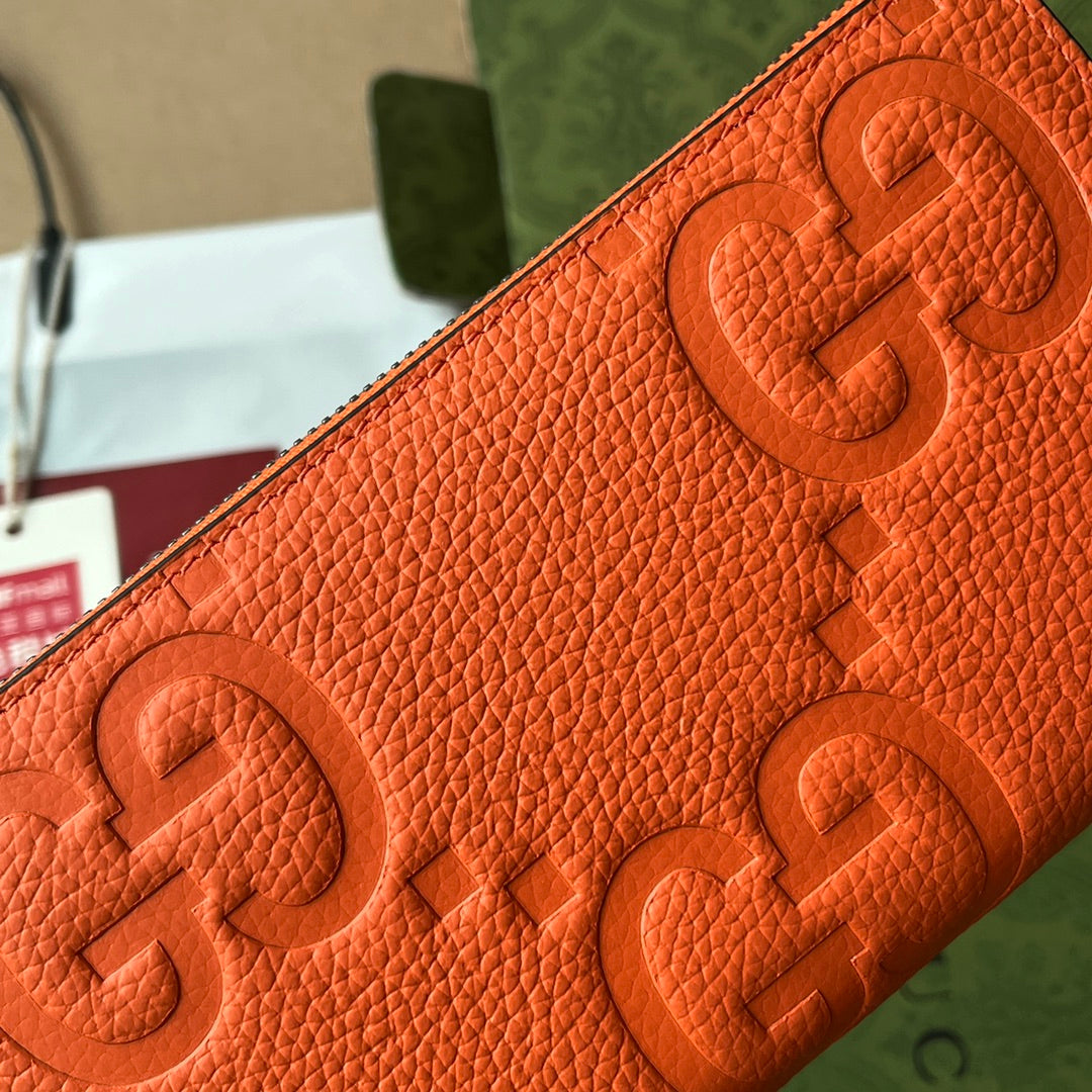 GUCCI FULL-ZIP WALLET 19 IN ORANGE EMBOSSED CALFSKIN