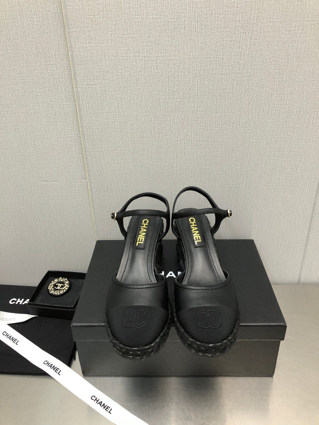 CHANEL MARY JANE WEDGE BLACK LAMBSKIN