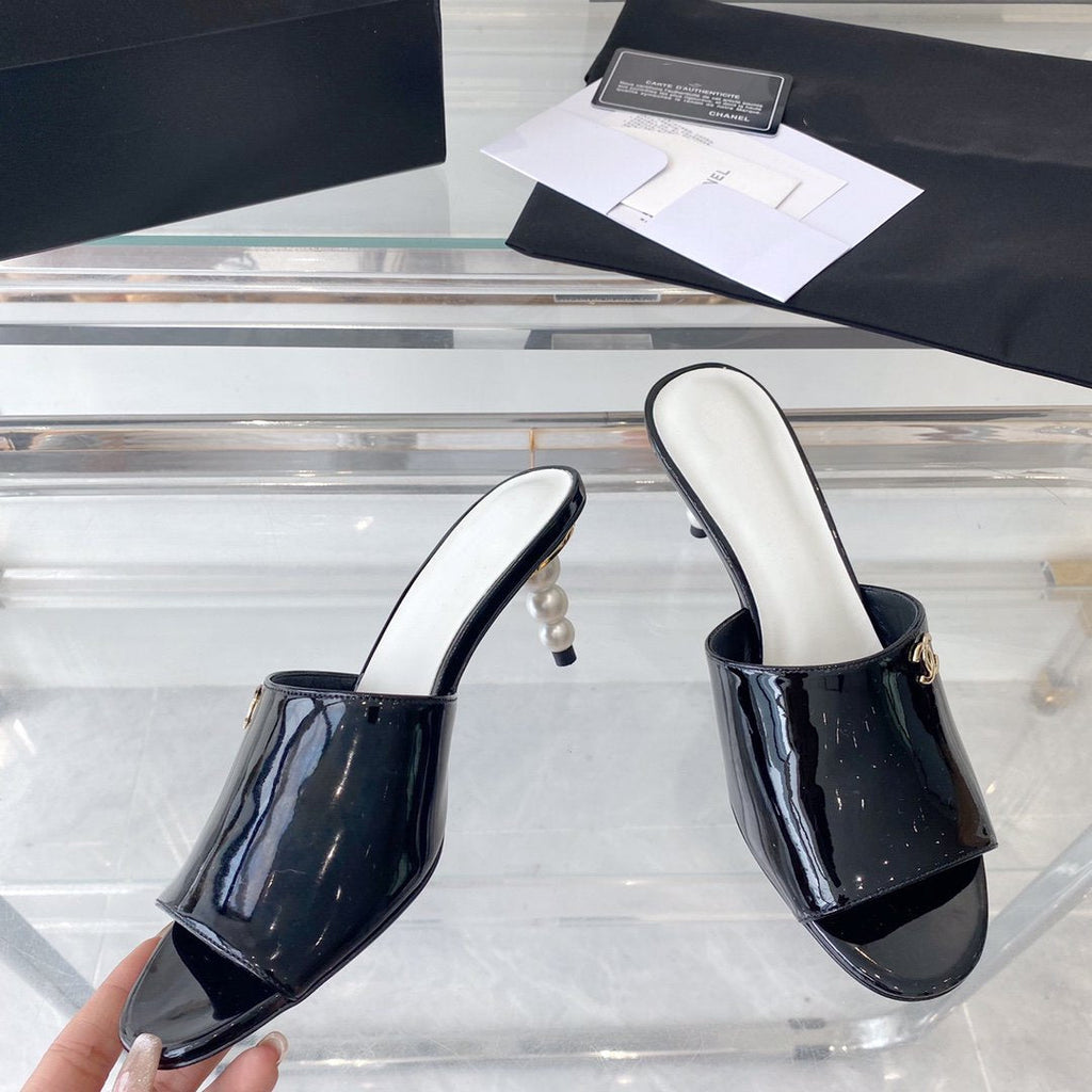 CHANEL high heel 70 mule sandals black white patent calfskin