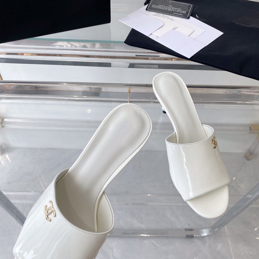 CHANEL high heel 70 mule sandals white patent calfskin