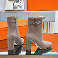 HERMES 25S SAINT GERMAIN ANKLE BOOTS 90 MM IN TAUPE BROWN LAMBSKIN WITH SILVER HARDWARE