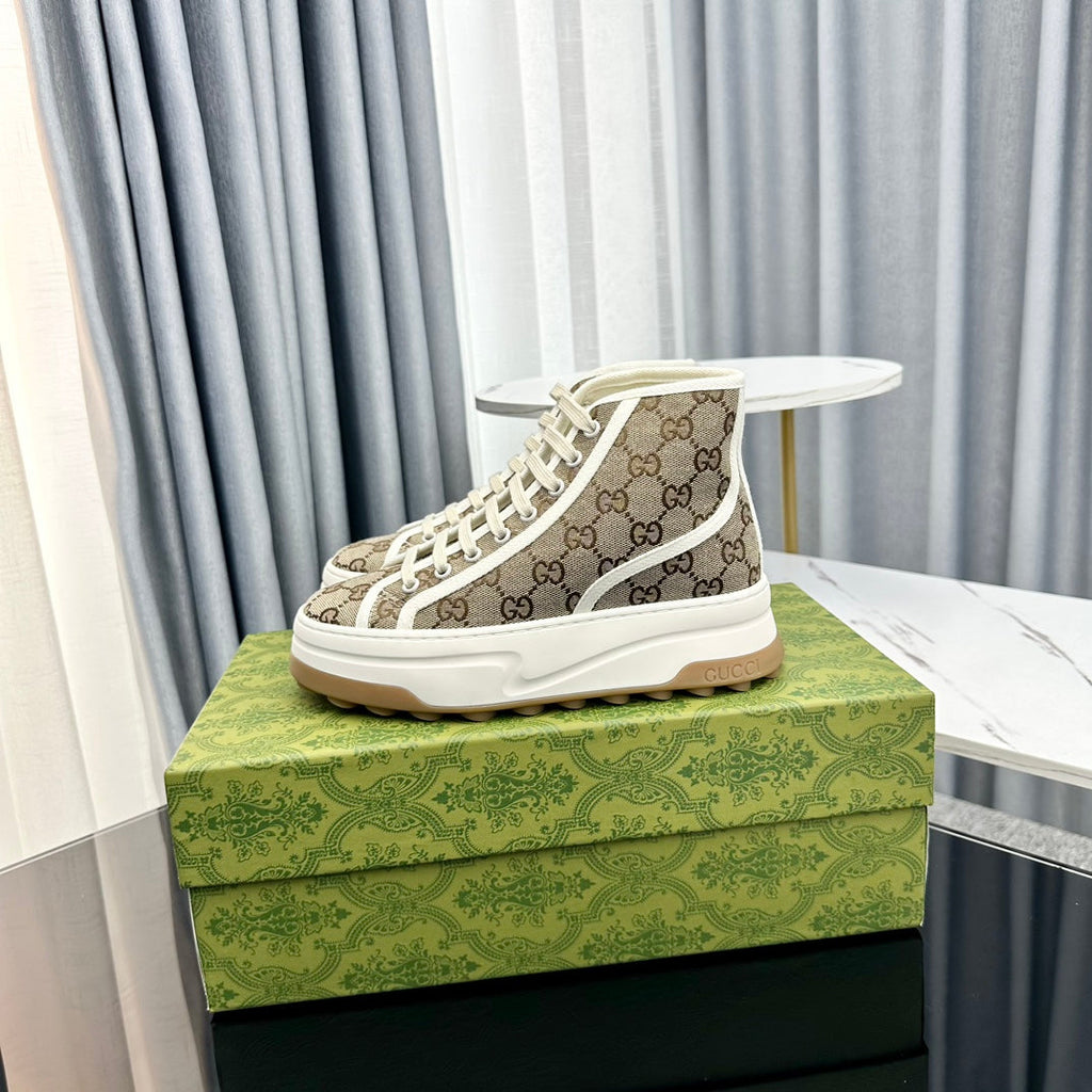 GUCCI HIGH TOP SNEAKER FLATFORM LIGHT BROWN CANVAS
