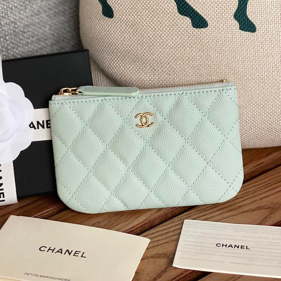 CHANEL CLASSIC SMALL 15 ZIPPED POUCH IN SKY BLUE GRAINED CALFSKIN