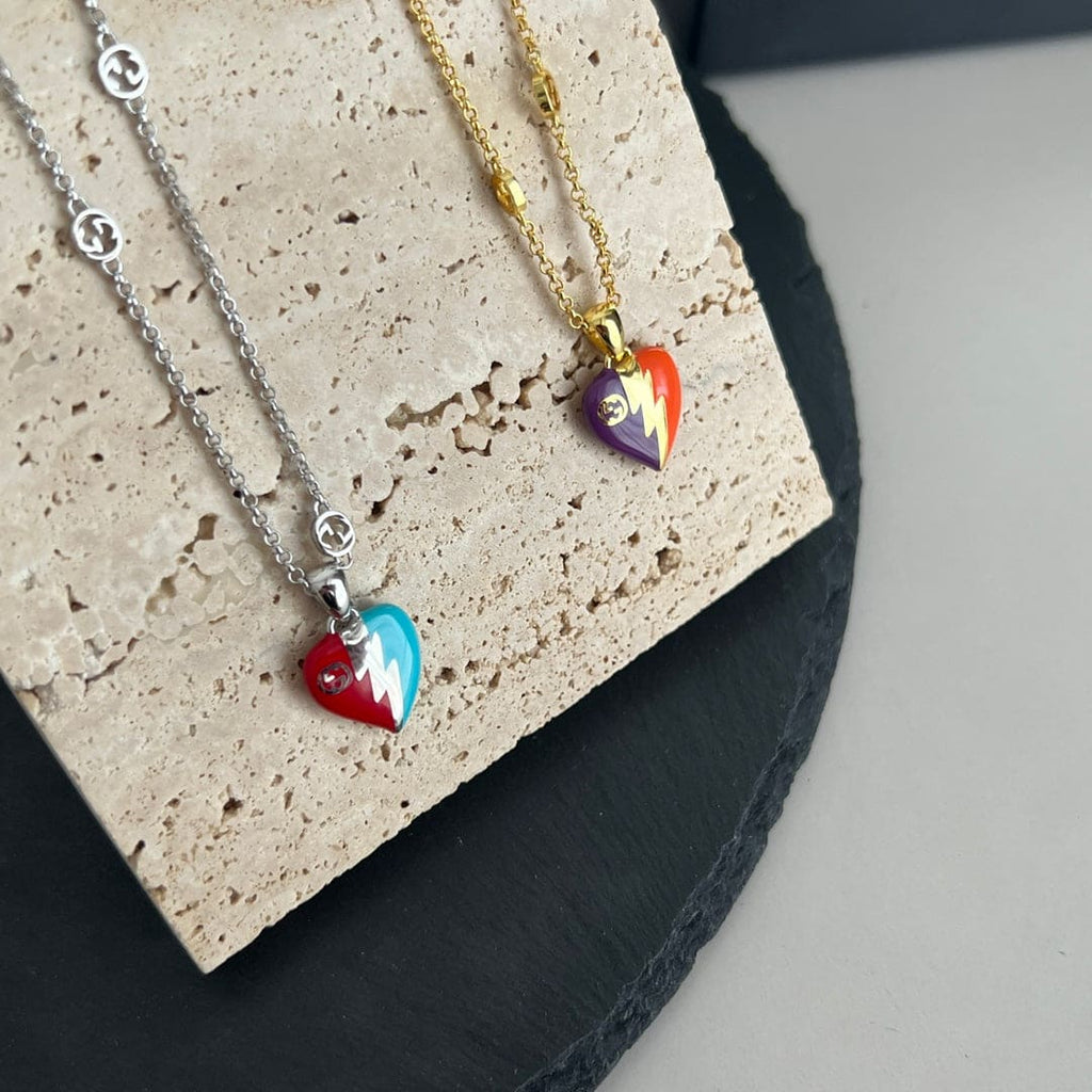 18K Double Gucci Interlocking Gucci Heart Lightning Charm Necklace