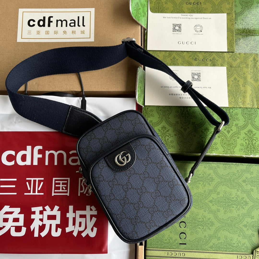 GUCCI OPHIDIA MINI BAG 18 IN DARK BLUE MONOGRAM CANVAS AND BLACK LAMBSKIN TRIM