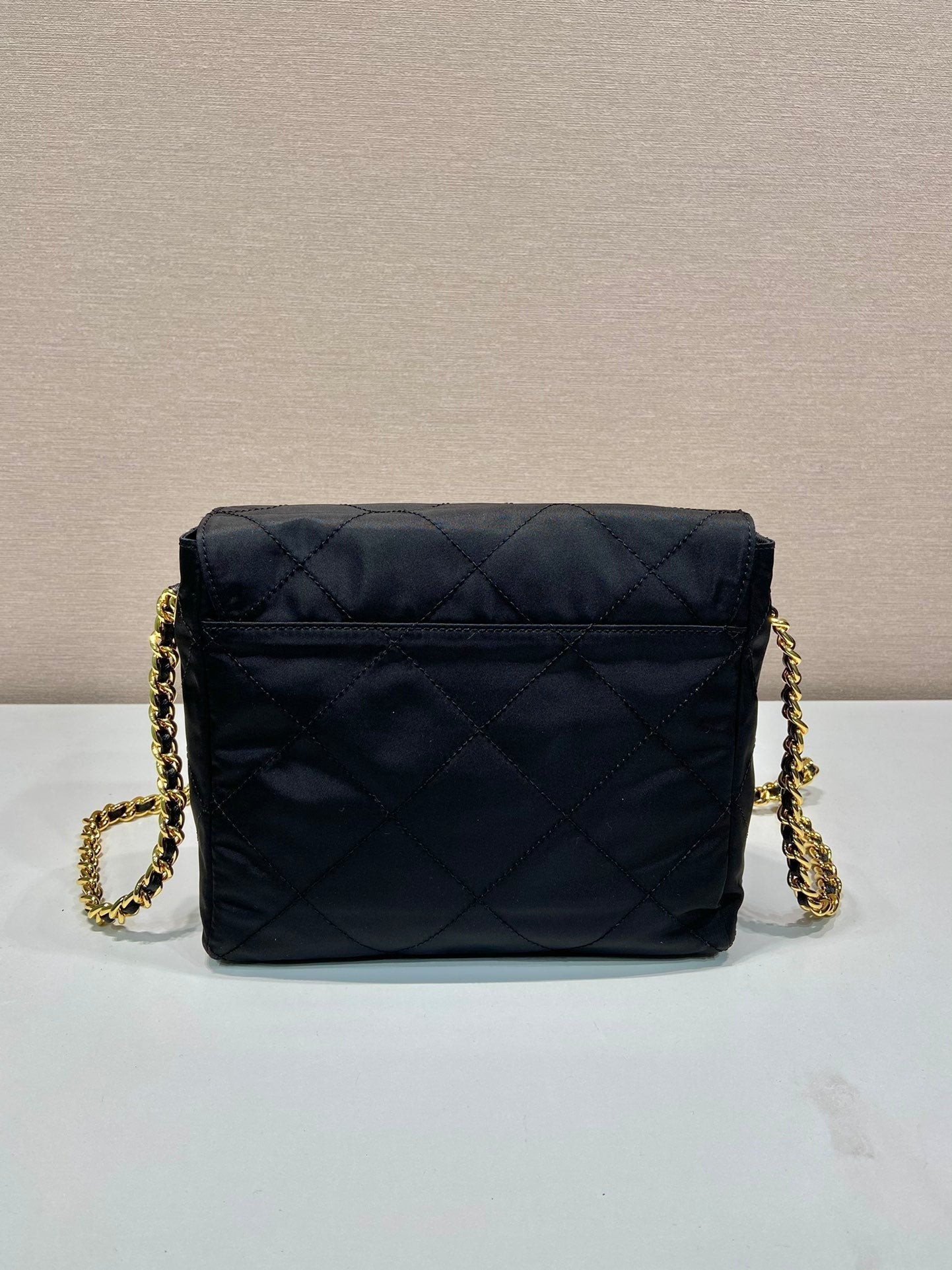 PRADA LARGE QUILTED FLAP BAG 23 IN BLACK RE-NYLON FABRIC GOLD CHAIN