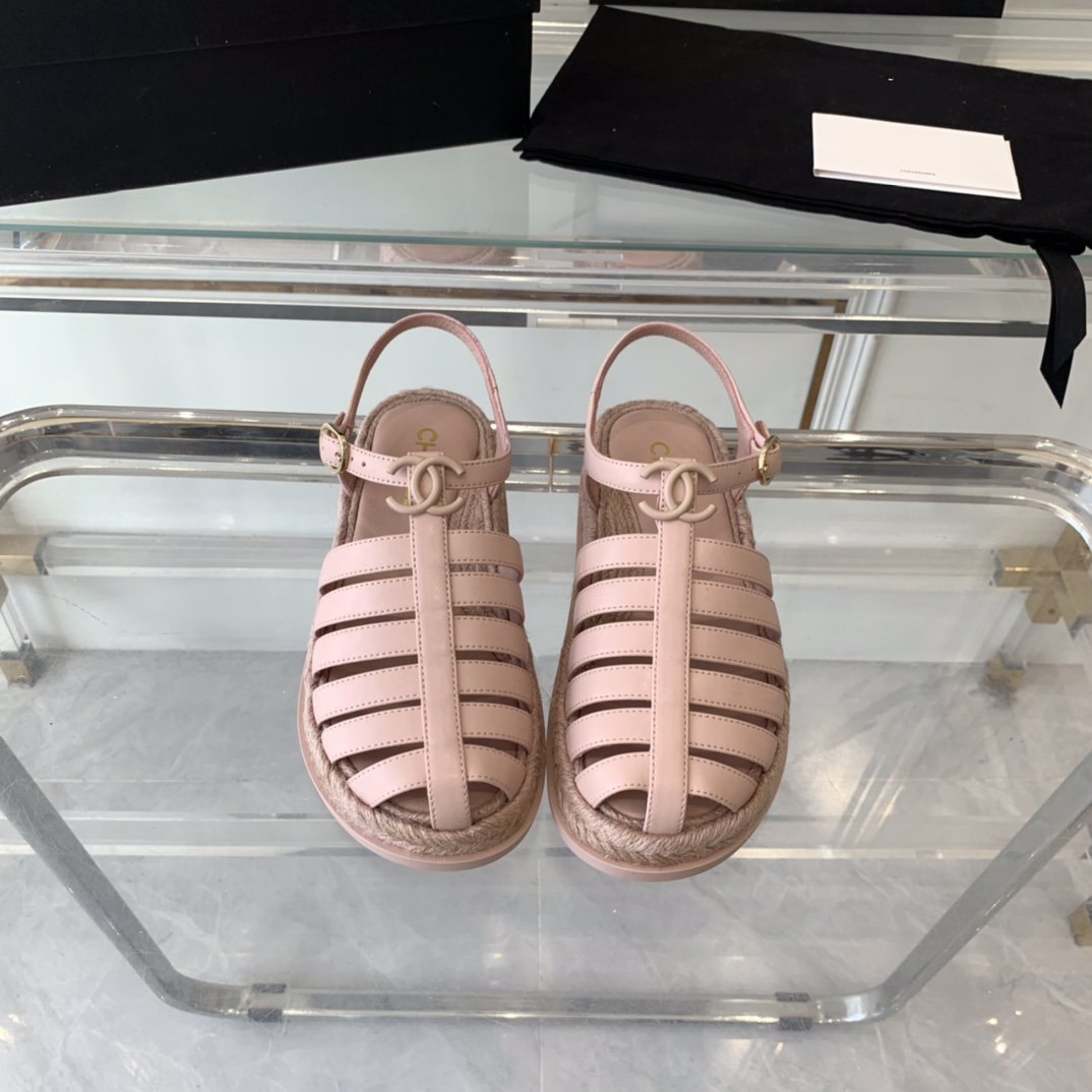 CHANEL roman sandals pink lambskin