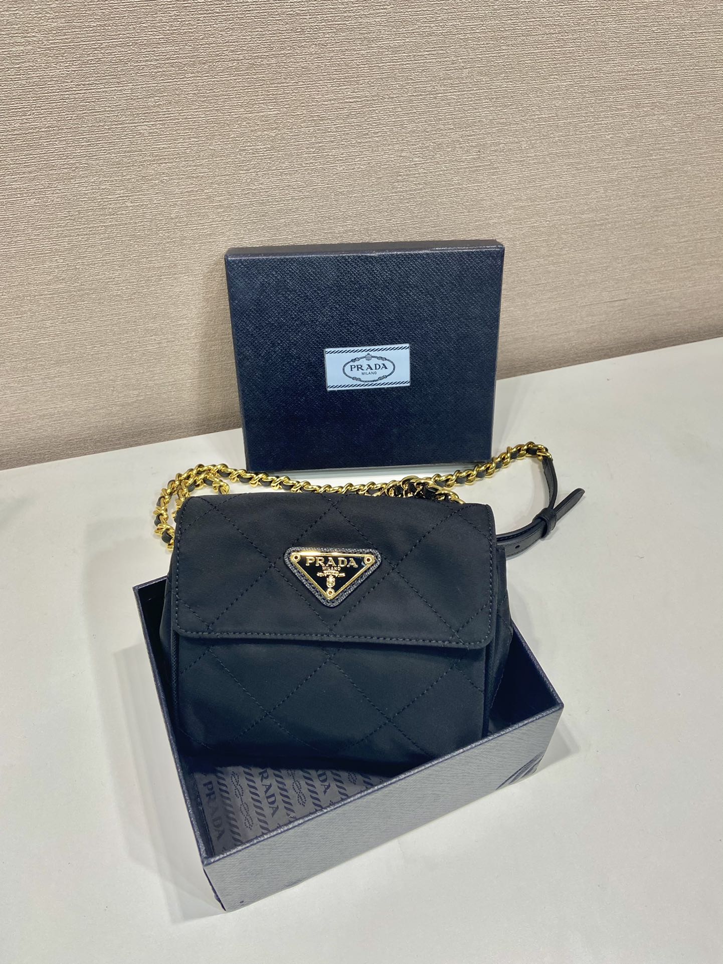 PRADA MINI QUILTED FLAP BAG 14 IN BLACK RE-NYLON FABRIC GOLD CHAIN